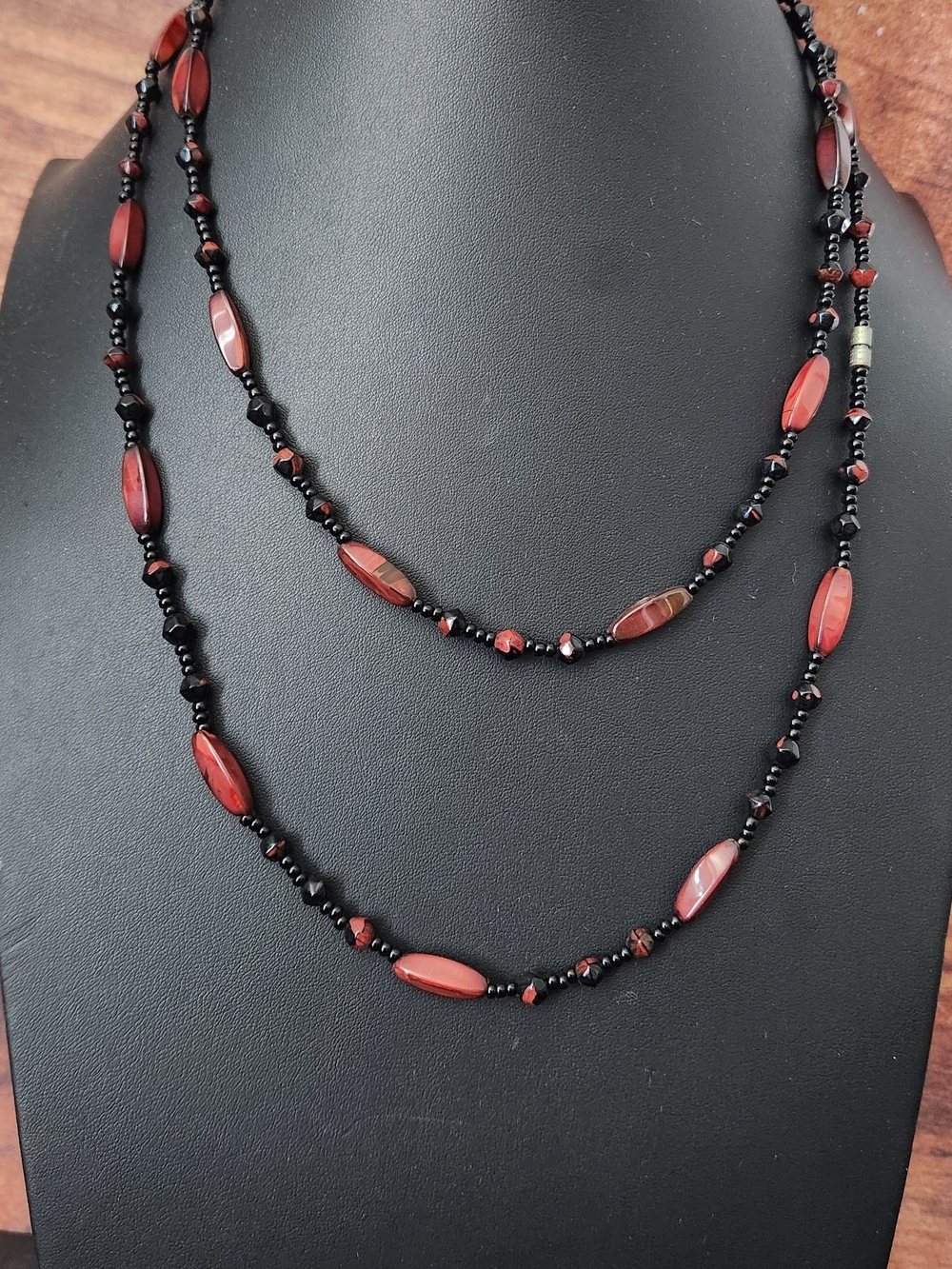 Polished Black And Red Agate Long Necklace With Black Spacers